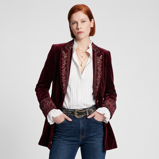 Glevato | Women's Embroidered Velvet Blazer Long Jacket
