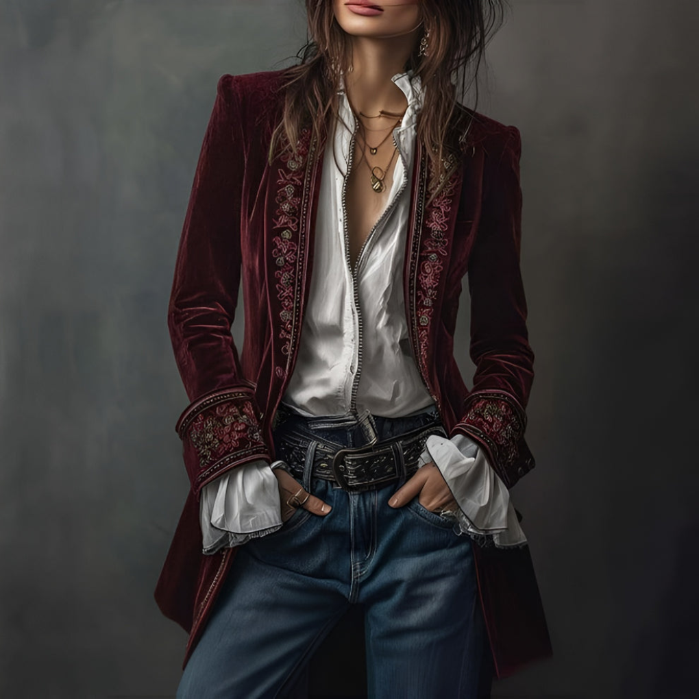 Glevato | Women's Embroidered Velvet Blazer Long Jacket