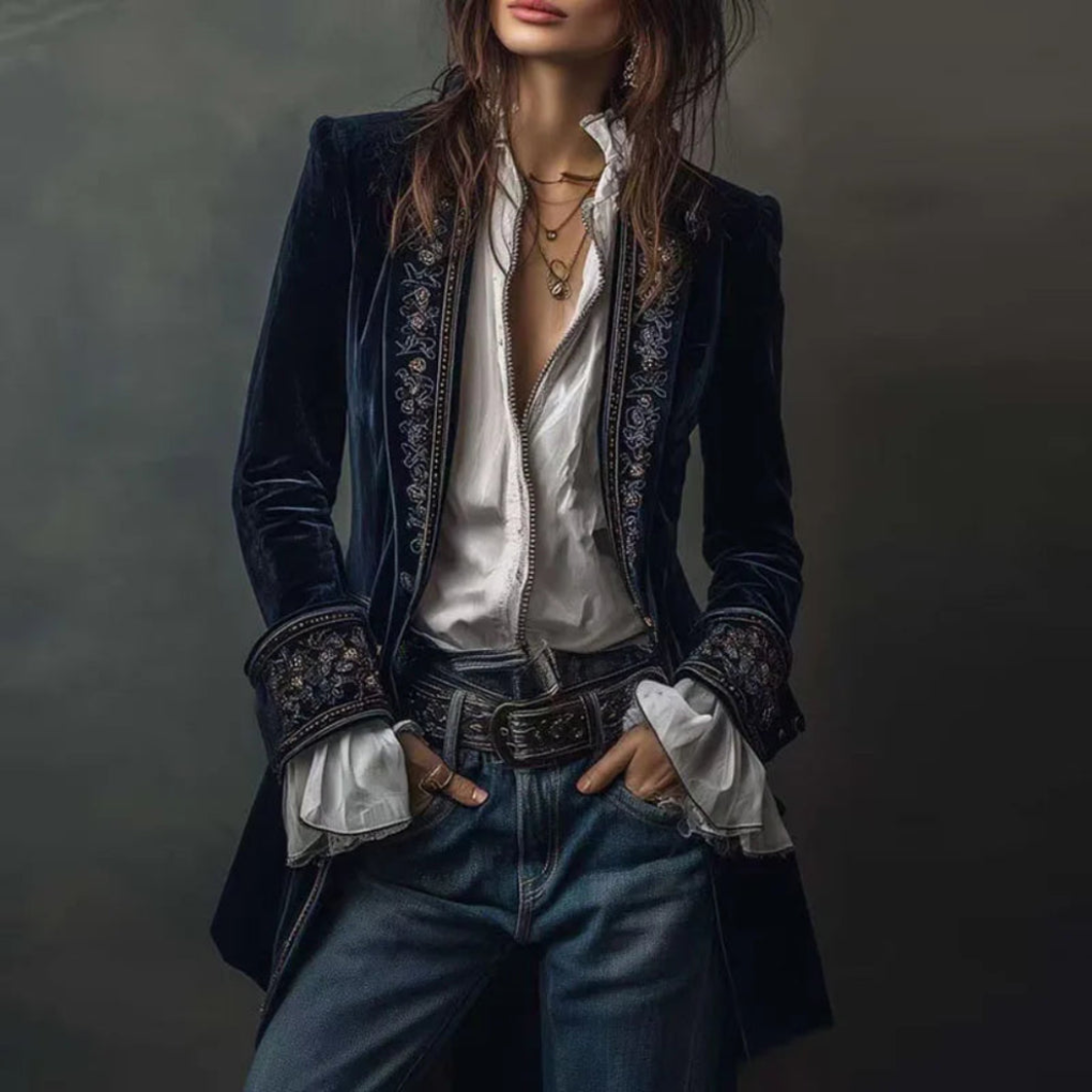 Glevato | Women's Embroidered Velvet Blazer Long Jacket