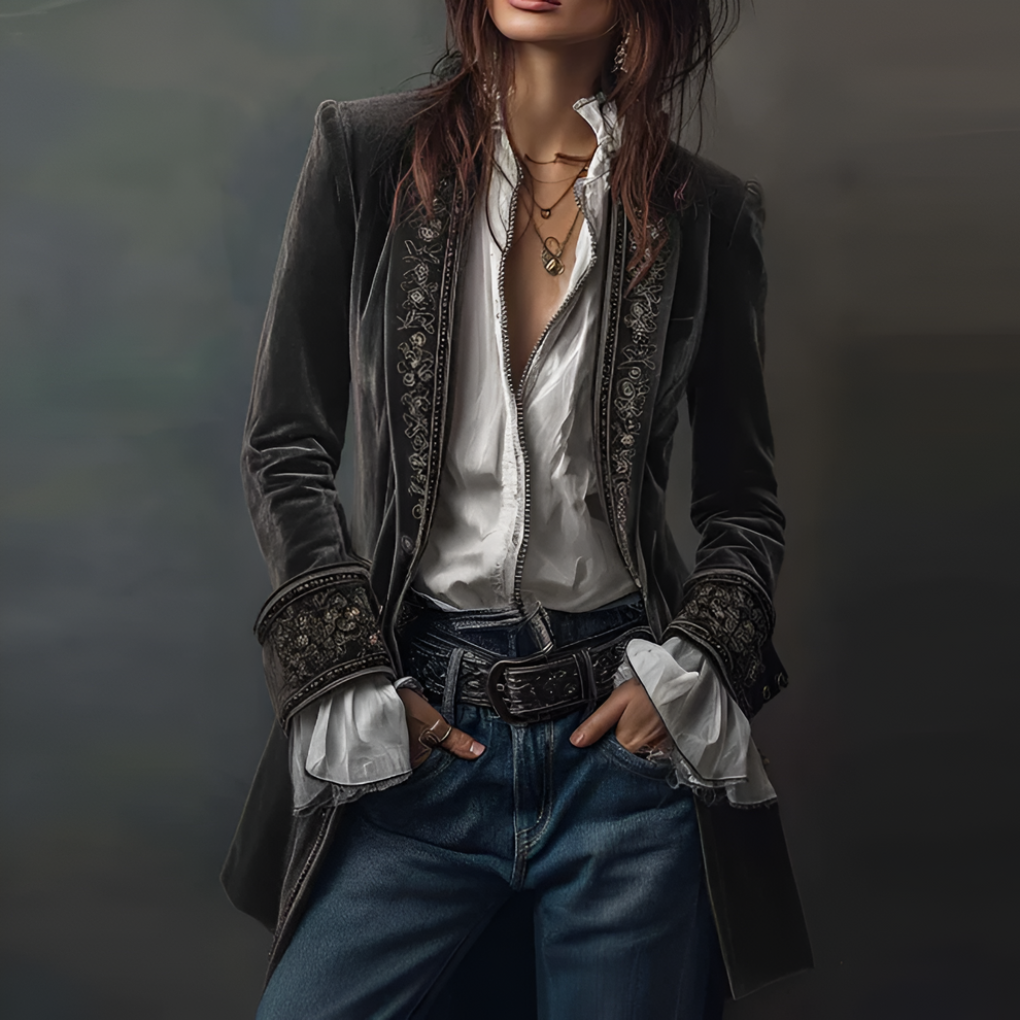 Glevato | Women's Embroidered Velvet Blazer Long Jacket
