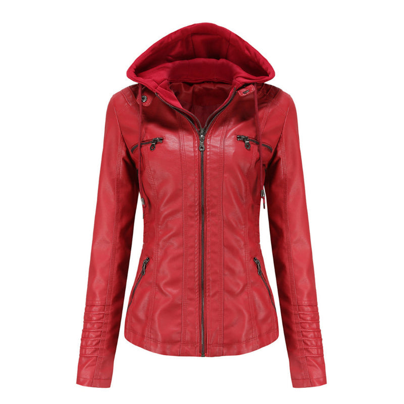 Glevato | Women's Faux Leather Moto Jacket with Detachable Hood