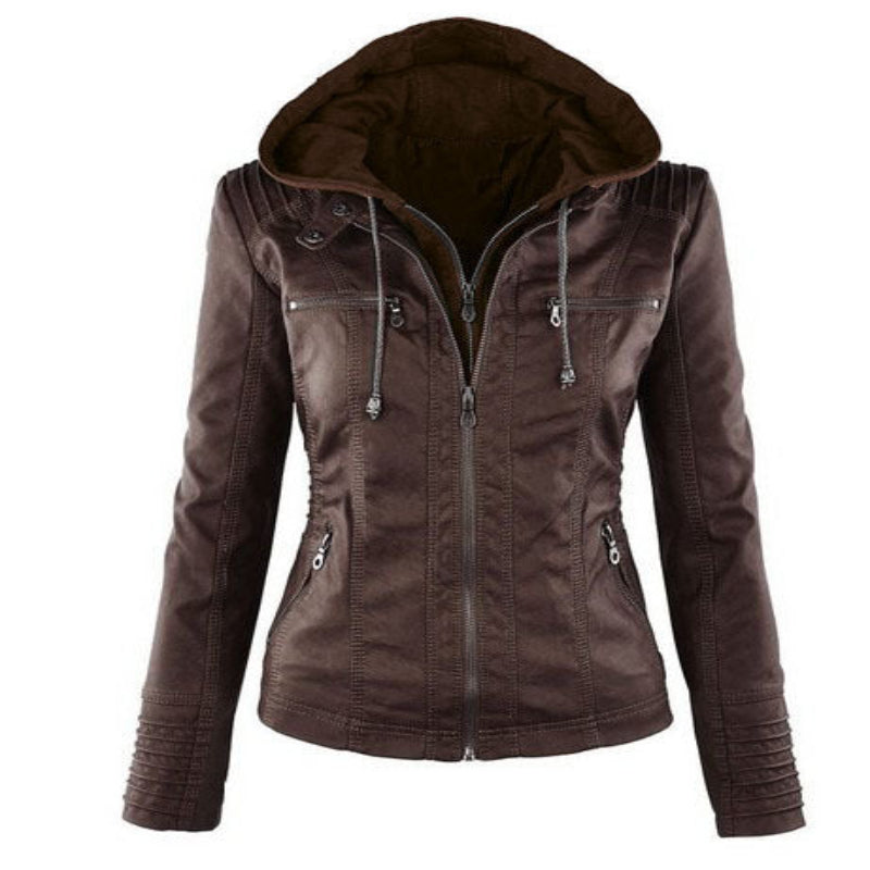 Glevato | Women's Faux Leather Moto Jacket with Detachable Hood