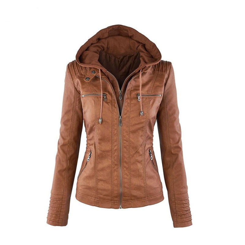 Glevato | Women's Faux Leather Moto Jacket with Detachable Hood