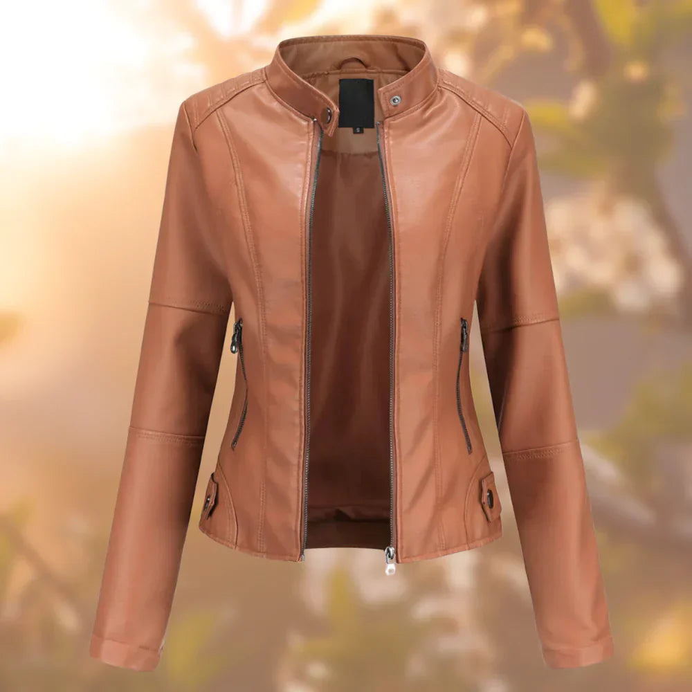 Glevato | Women's Faux Leather Moto Jacket with Stand Collar