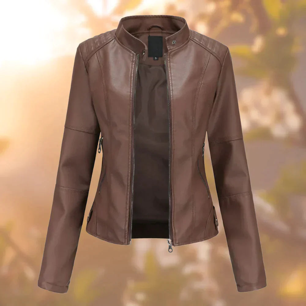 Glevato | Women's Faux Leather Moto Jacket with Stand Collar