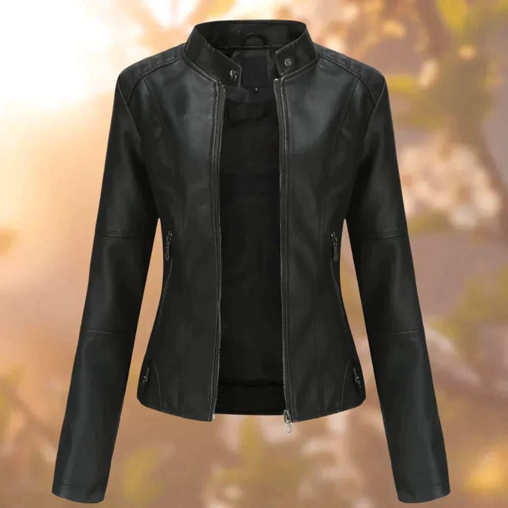 Glevato | Women's Faux Leather Moto Jacket with Stand Collar