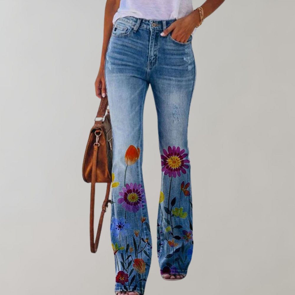 Glevato | Women's Floral Flare Leg Jeans