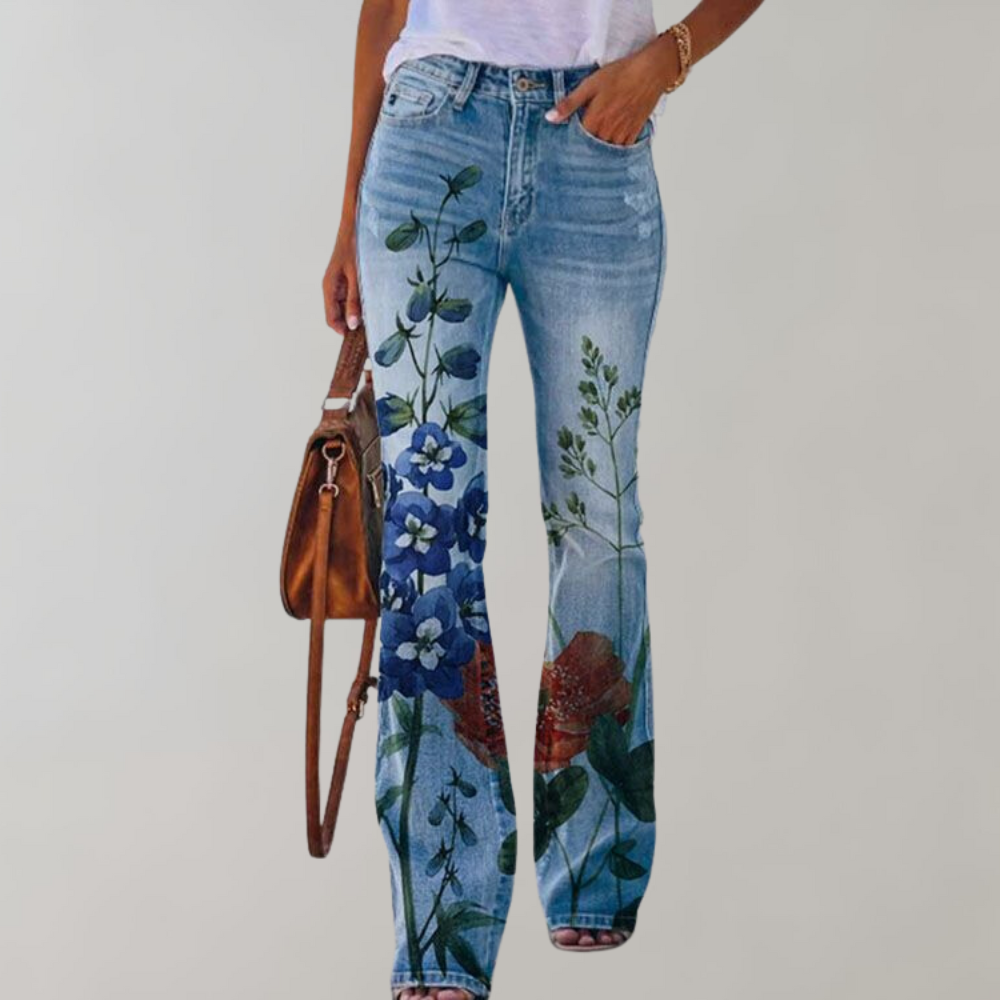 Glevato | Women's Floral Flare Leg Jeans