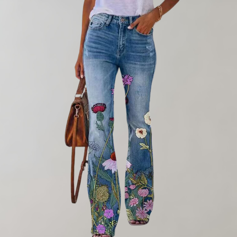 Glevato | Women's Floral Flare Leg Jeans