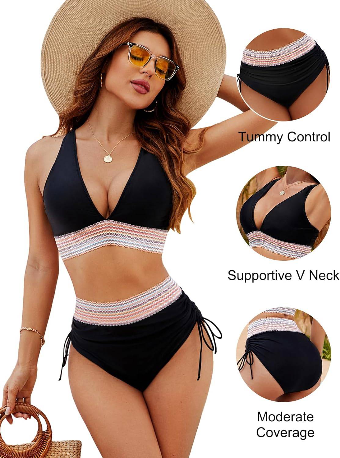 Glevato | Women's High-Waisted Bikini with Striped Trim