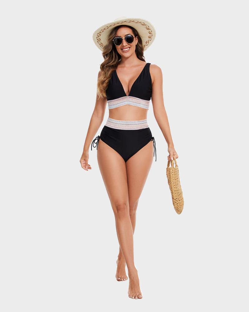 Glevato | Women's High-Waisted Bikini with Striped Trim
