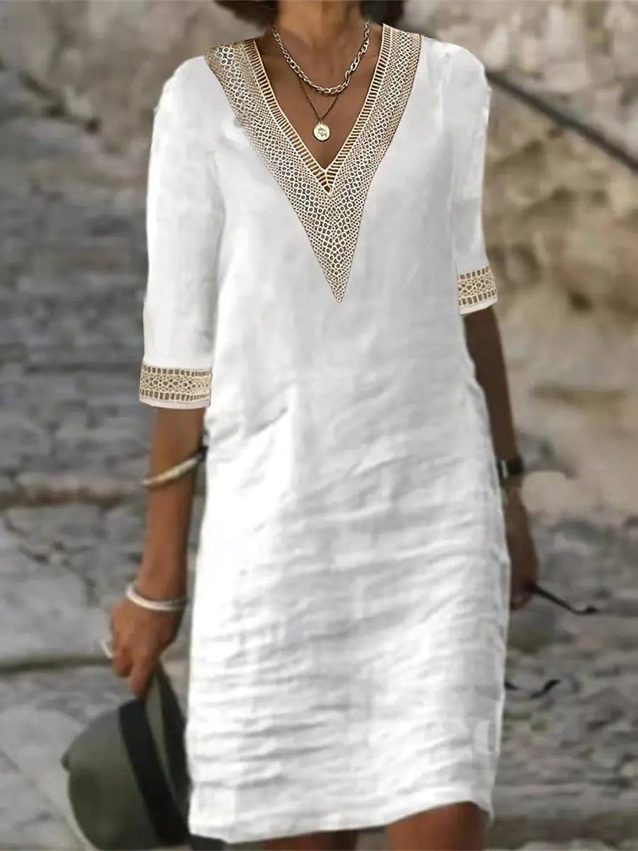 Glevato | Women's Lace Trim V-Neck Casual Dress