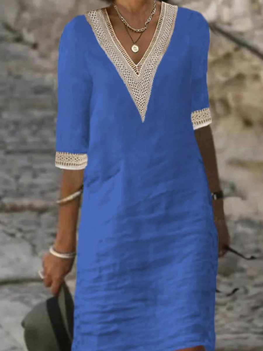 Glevato | Women's Lace Trim V-Neck Casual Dress