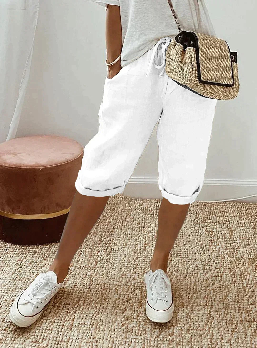 Glevato | Women's Linen Cropped Pants with Drawstring