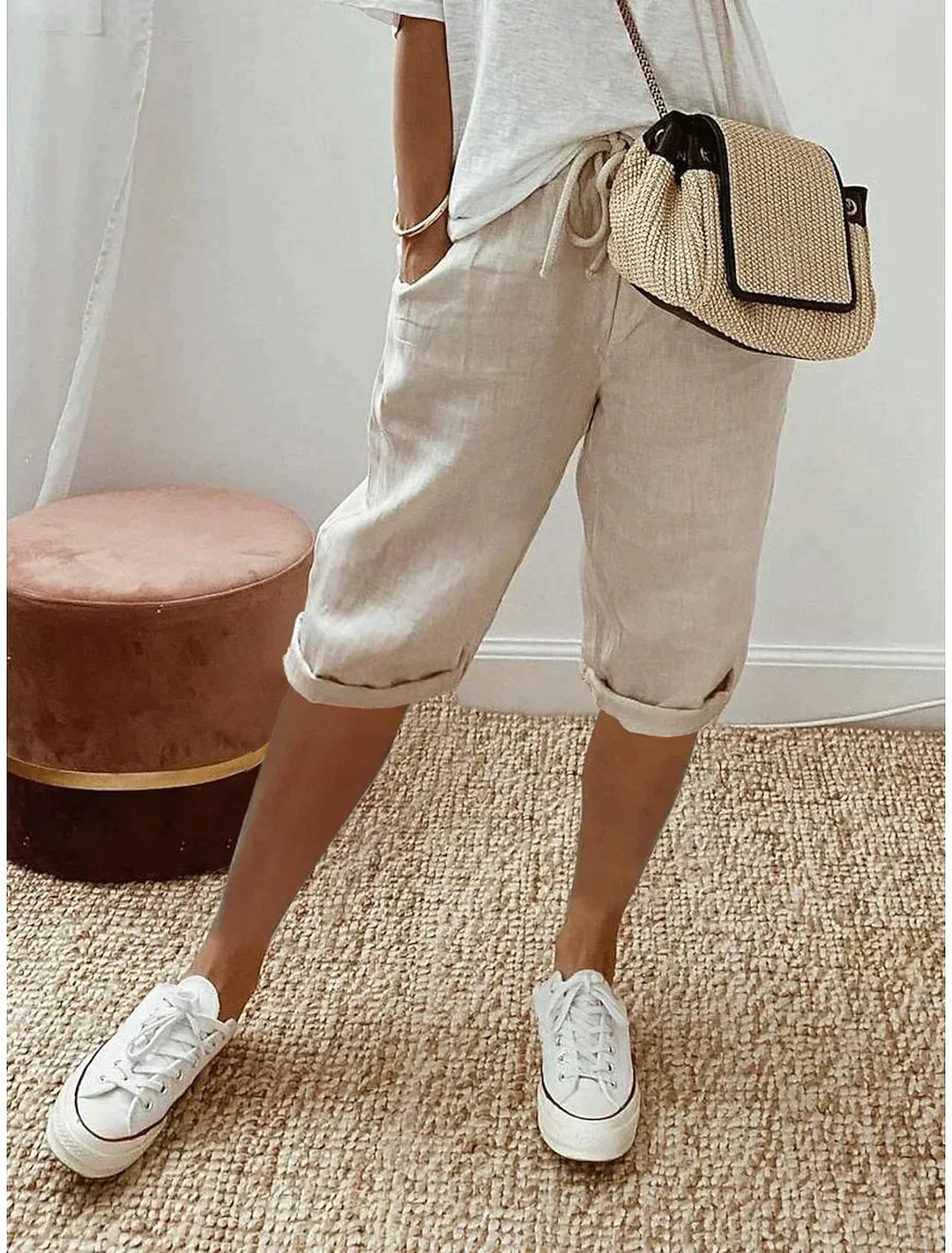 Glevato | Women's Linen Cropped Pants with Drawstring
