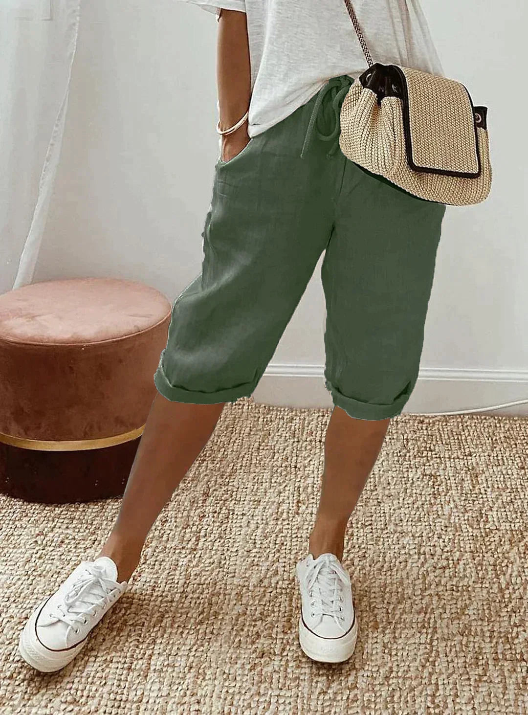 Glevato | Women's Linen Cropped Pants with Drawstring