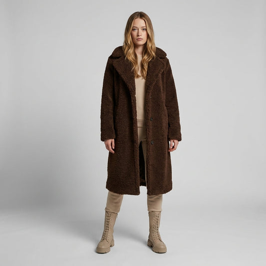 Glevato | Women's Long Teddy Coat with Lapel Collar