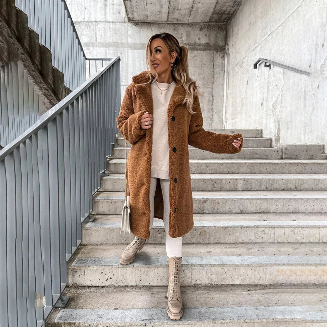 Glevato | Women's Long Teddy Coat with Lapel Collar