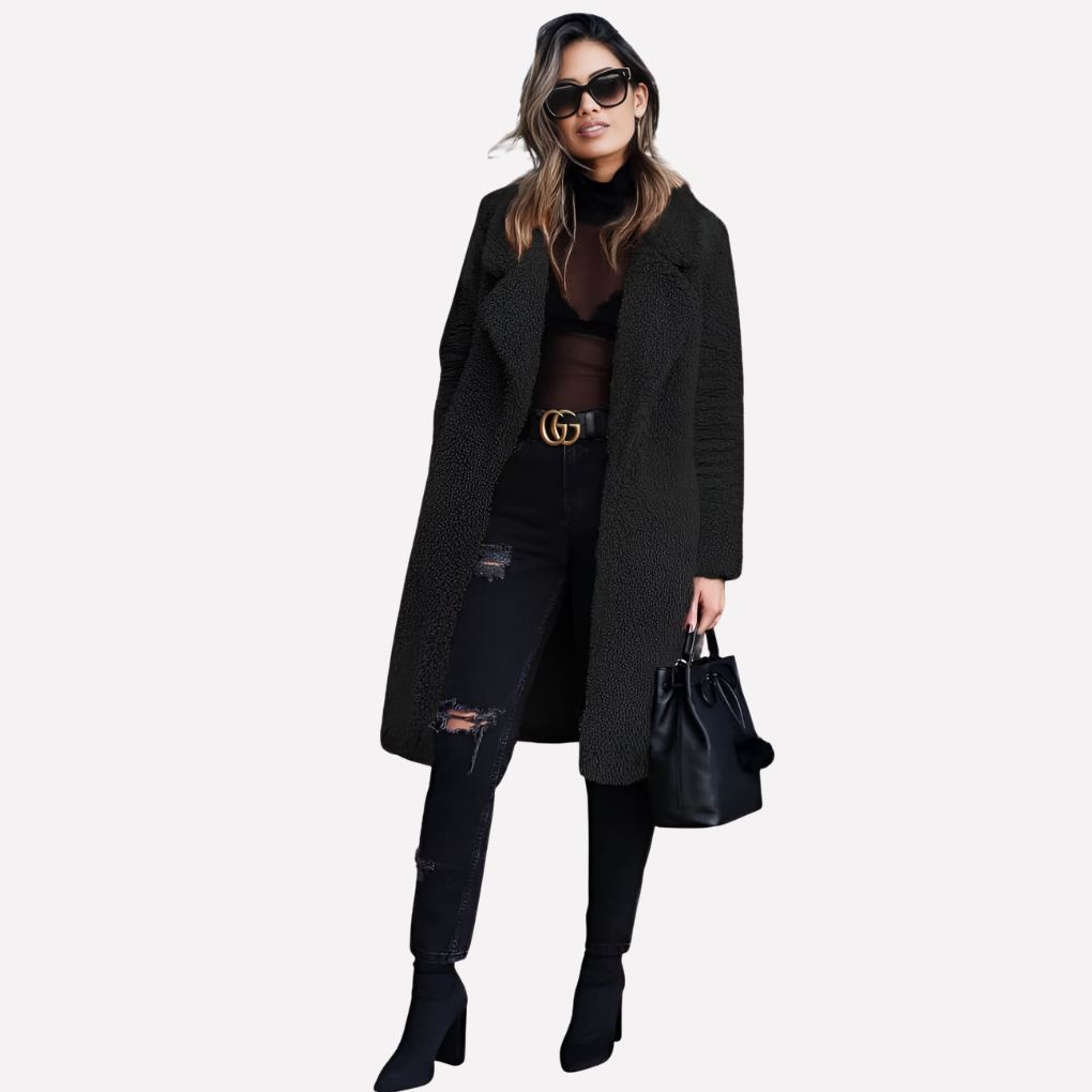 Glevato | Women's Long Teddy Coat with Notched Collar
