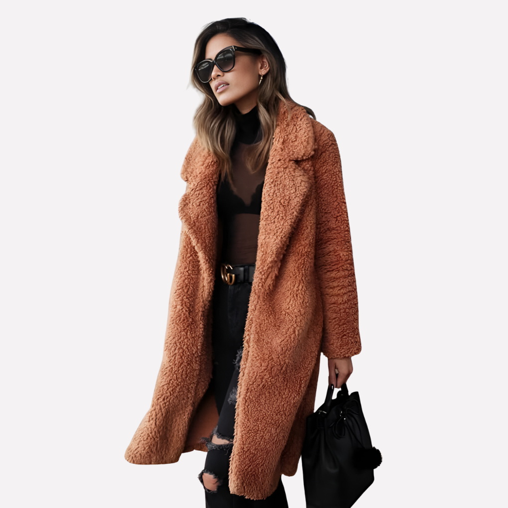 Glevato | Women's Long Teddy Coat with Notched Collar