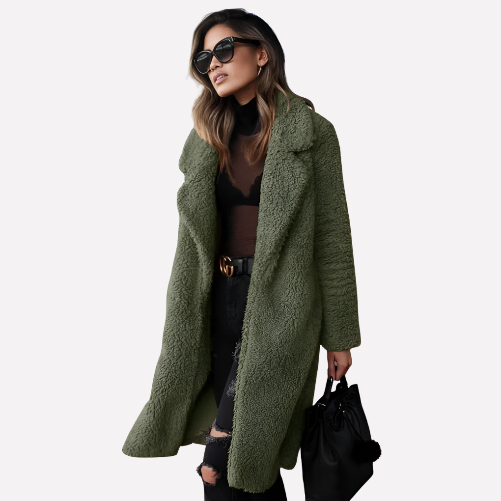 Glevato | Women's Long Teddy Coat with Notched Collar
