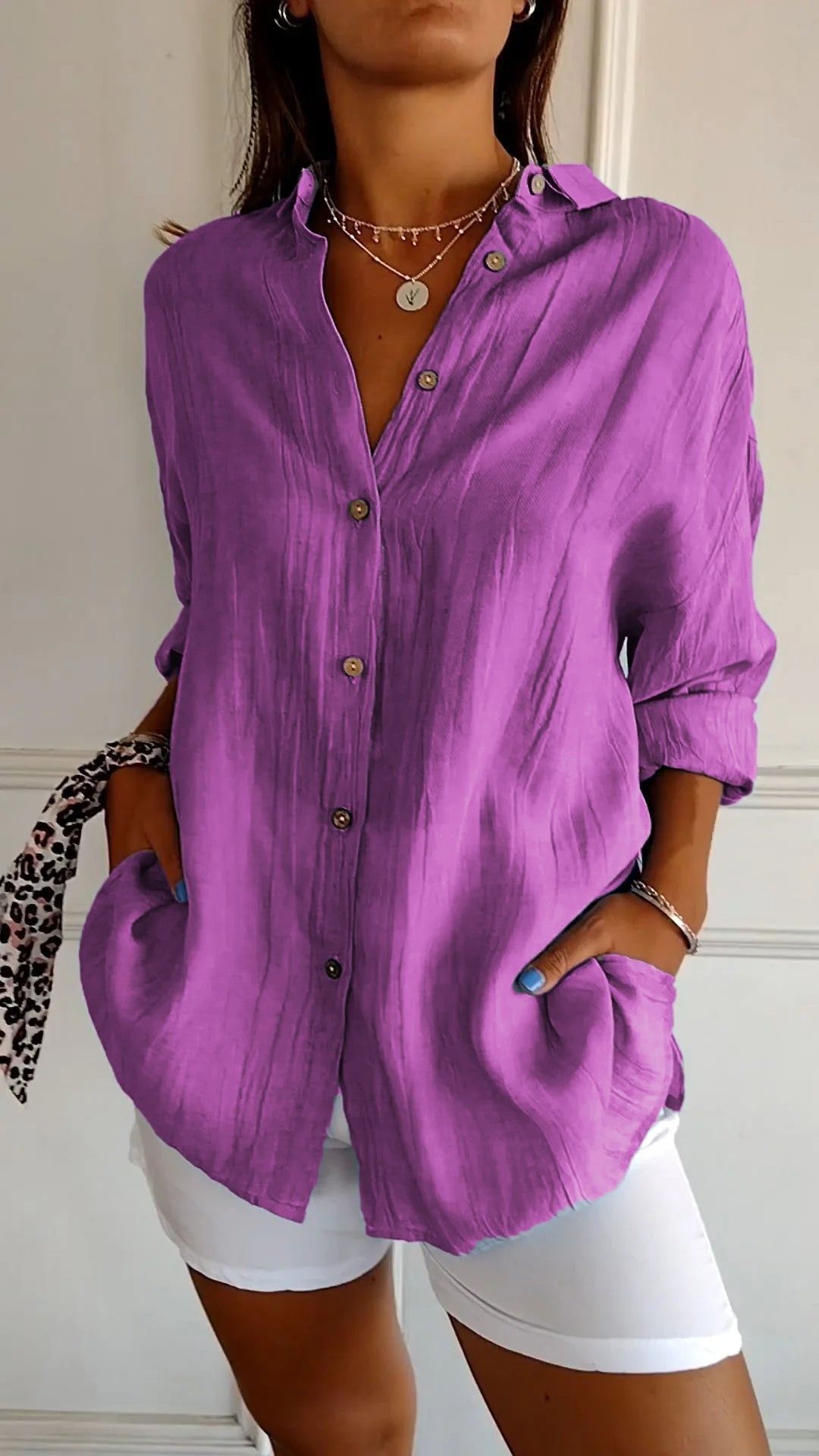 Glevato | Women's Loose Button-Up Shirt - Crinkled Linen Blend