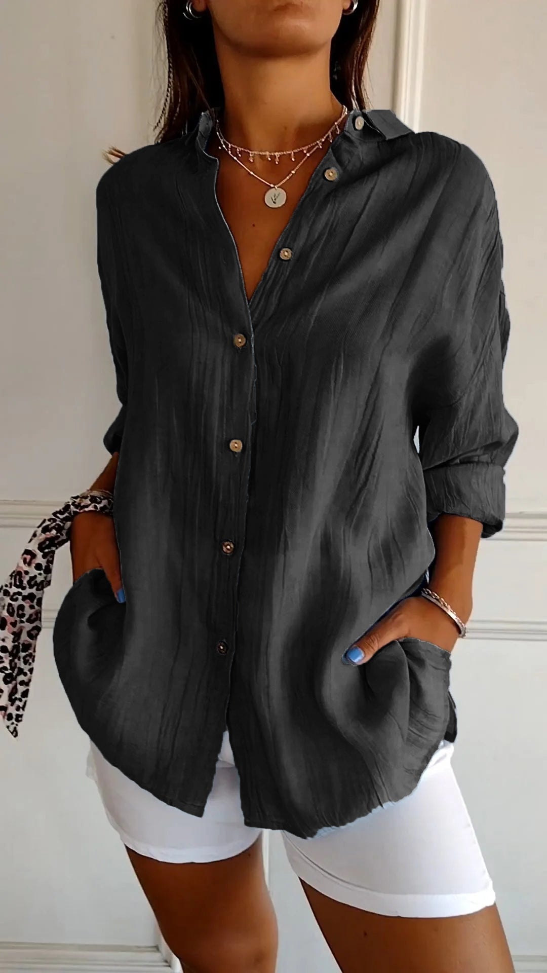 Glevato | Women's Loose Button-Up Shirt - Crinkled Linen Blend