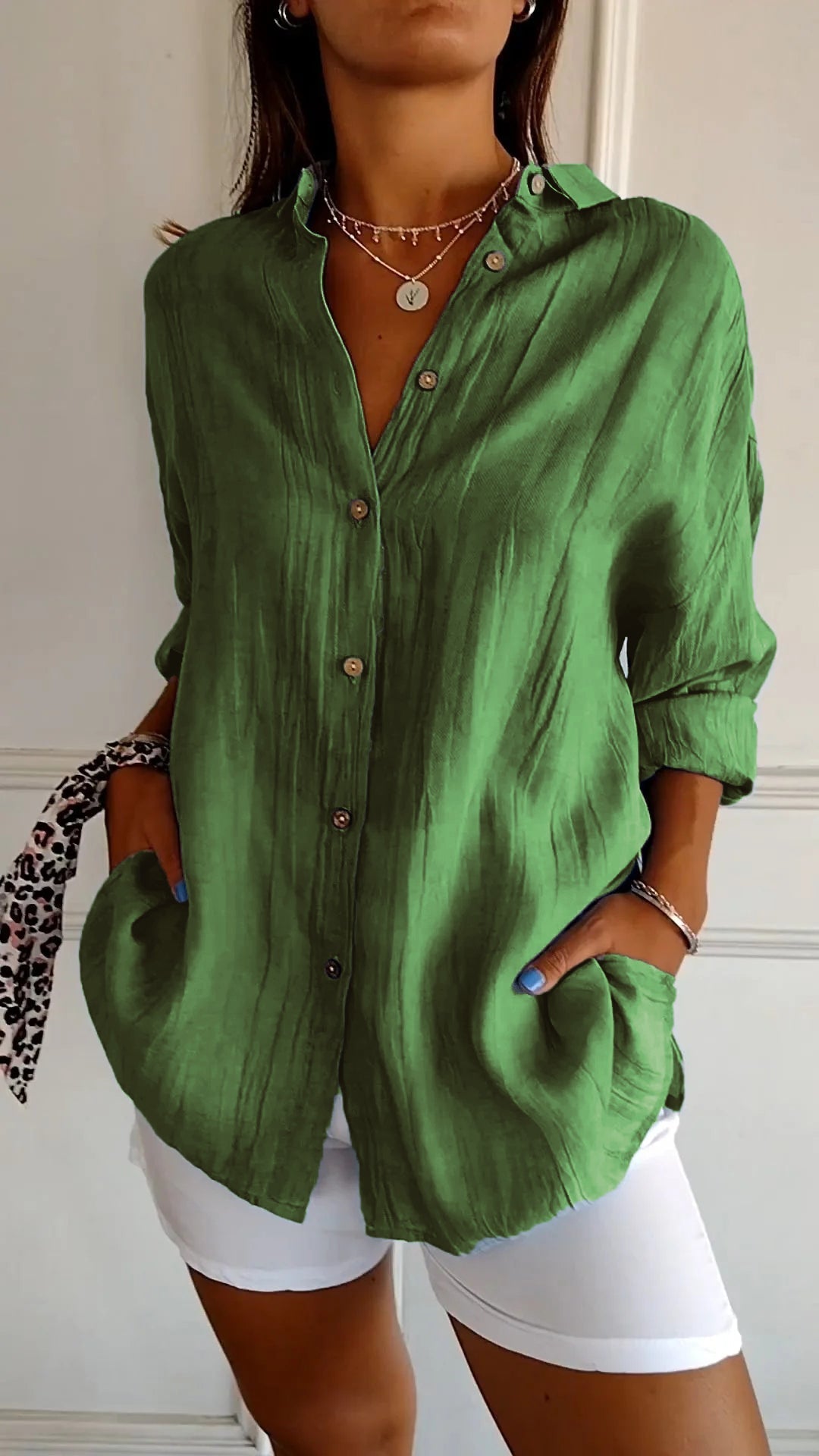 Glevato | Women's Loose Button-Up Shirt - Crinkled Linen Blend