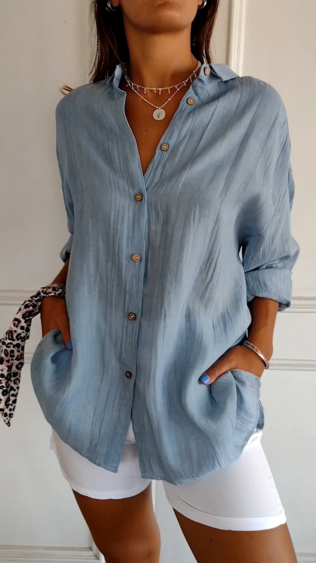 Glevato | Women's Loose Button-Up Shirt - Crinkled Linen Blend