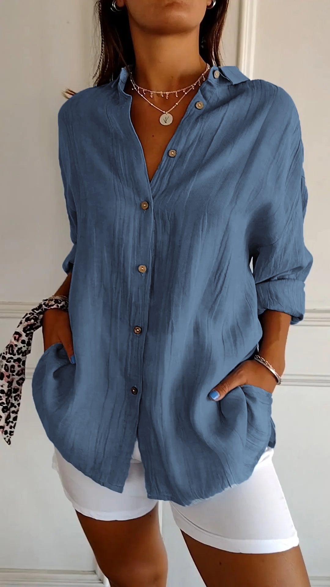 Glevato | Women's Loose Button-Up Shirt - Crinkled Linen Blend
