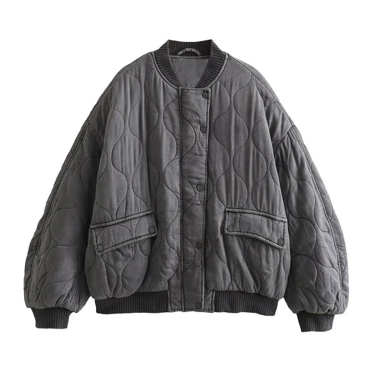 Glevato - Women's Loose-Fitting Gray Bomber Jacket
