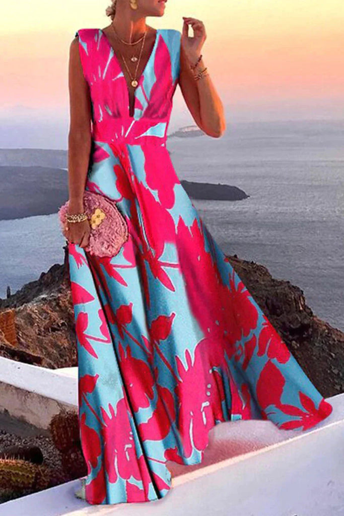 Glevato | Women's Maxi Dress with V-Neck and Geometric Print