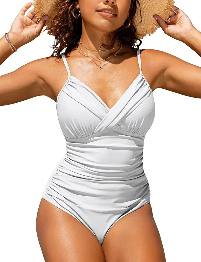 Glevato | Women's Ruched V-Neck One-Piece Swimsuit