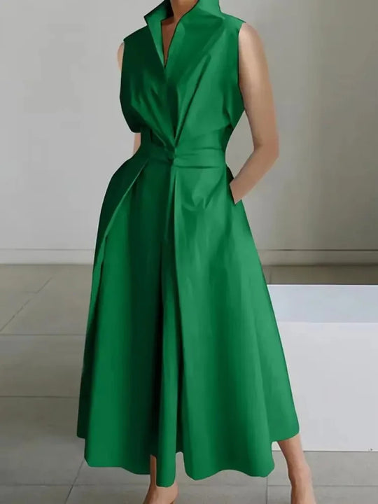 Glevato | Women's Sleeveless Lapel Midi Dress