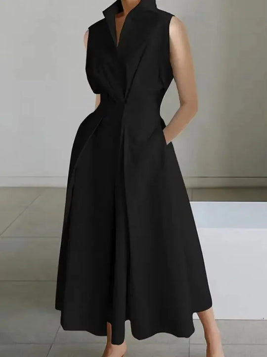 Glevato | Women's Sleeveless Lapel Midi Dress