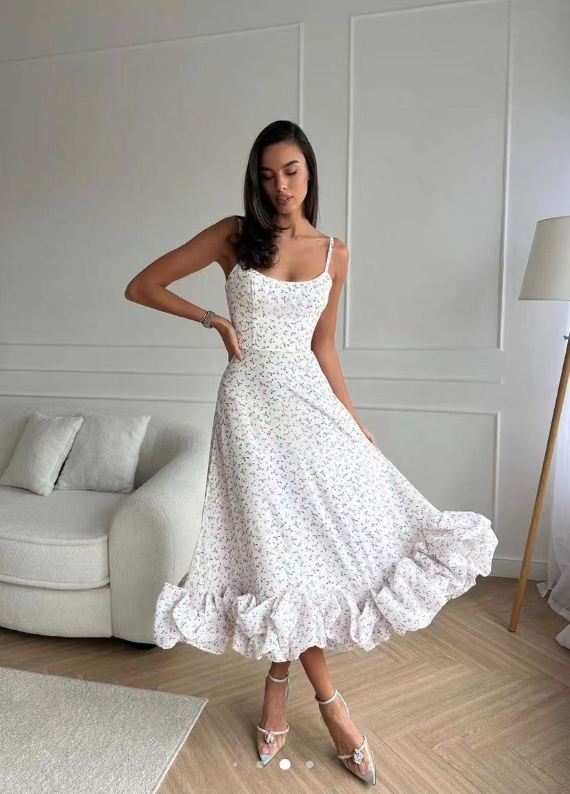 Glevato | Women's Spaghetti Strap Midi Dress with Ruffled Hem
