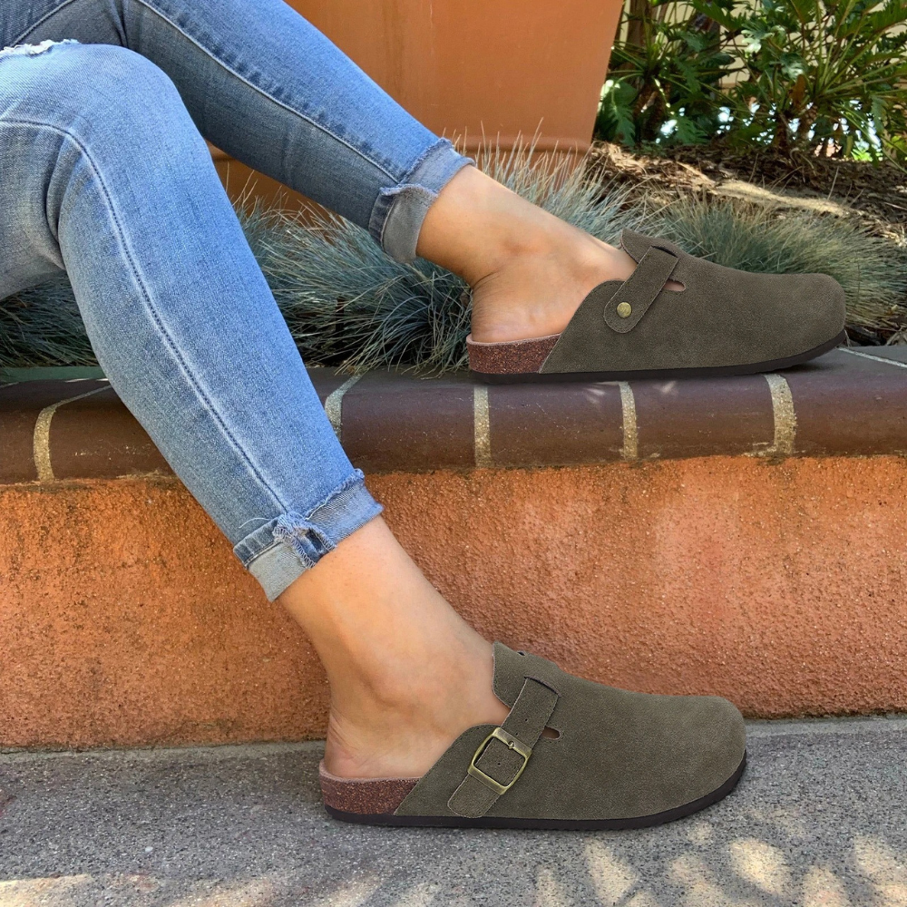 Glevato | Women's Suede Cork Clogs with Buckle Strap