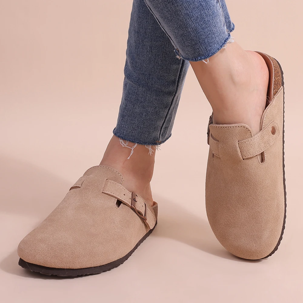 Glevato | Women's Suede Cork Clogs with Buckle Strap