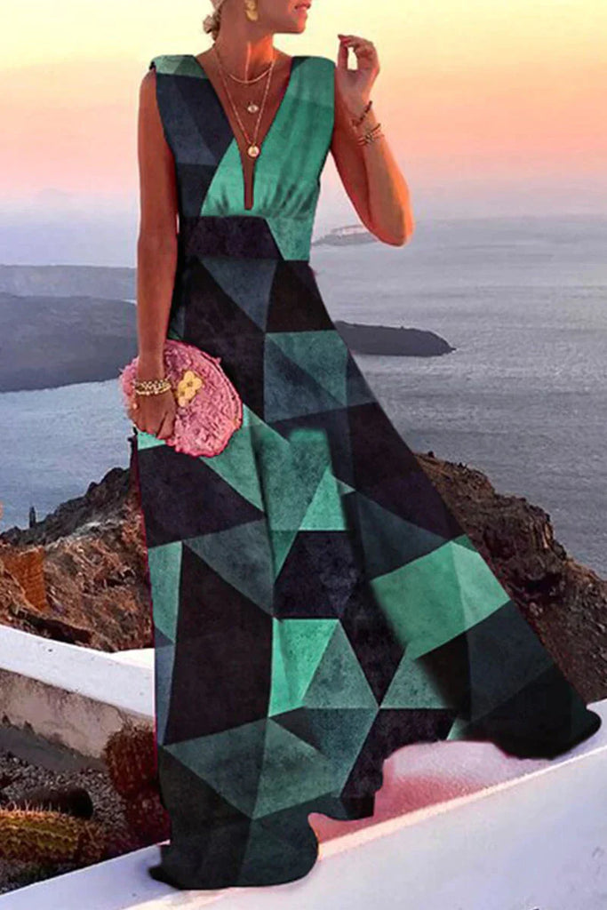 Glevato | Women's V-Neck Maxi Dress with Geometric Print