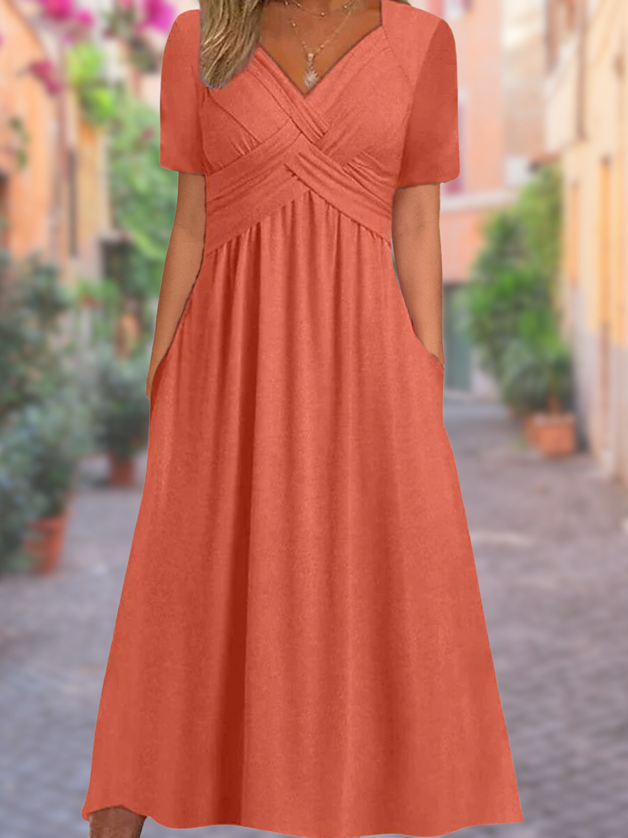 Glevato | Women's V-Neck Midi Dress with Smocked Bodice