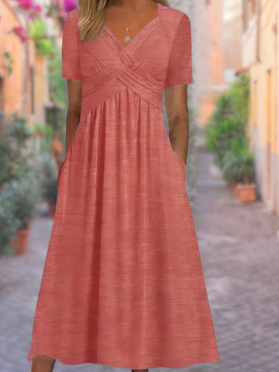 Glevato | Women's V-Neck Midi Dress with Smocked Bodice