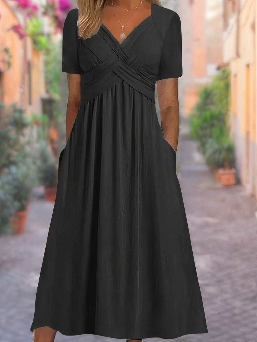 Glevato | Women's V-Neck Midi Dress with Smocked Bodice