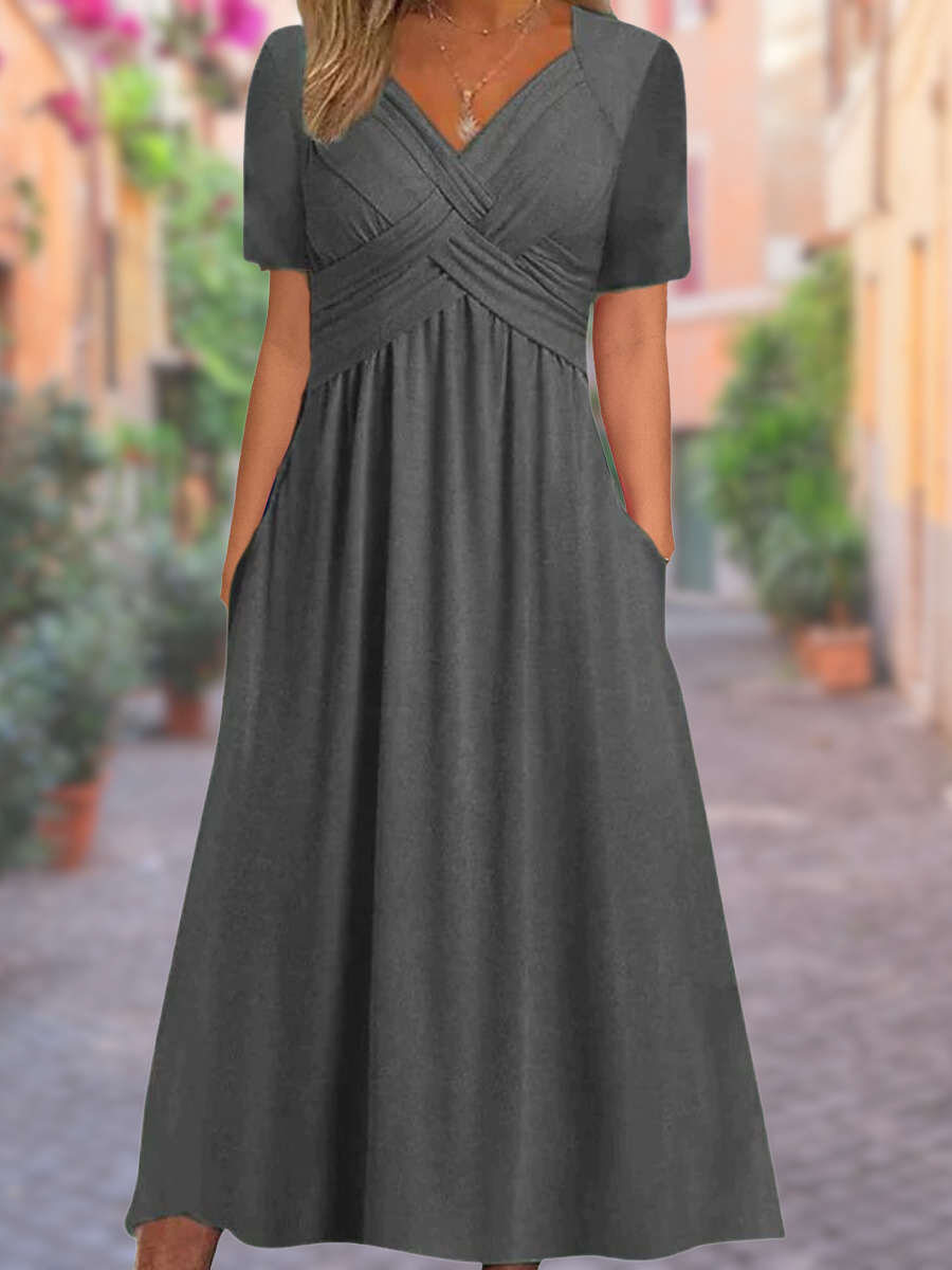 Glevato | Women's V-Neck Midi Dress with Smocked Bodice