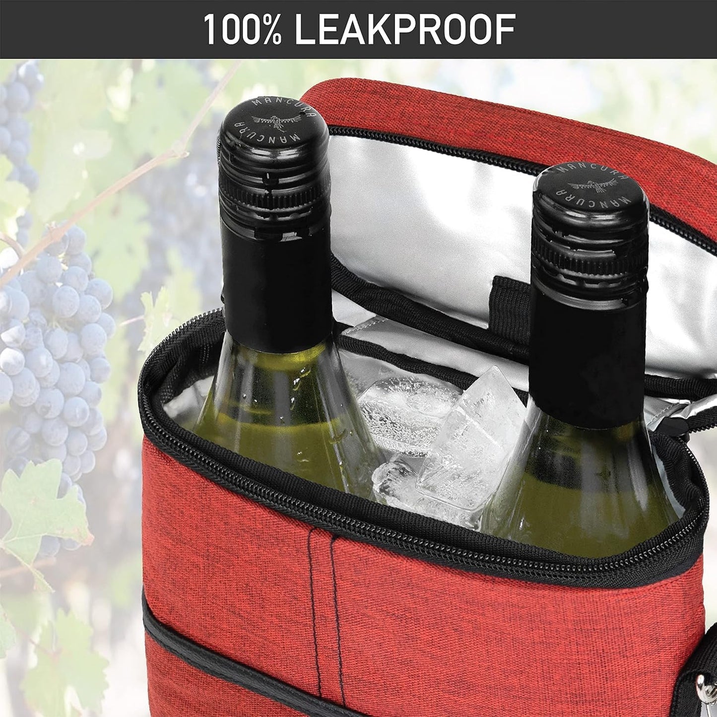 Insulated 2-Bottle Wine Cooler Tote Bag with Adjustable Strap