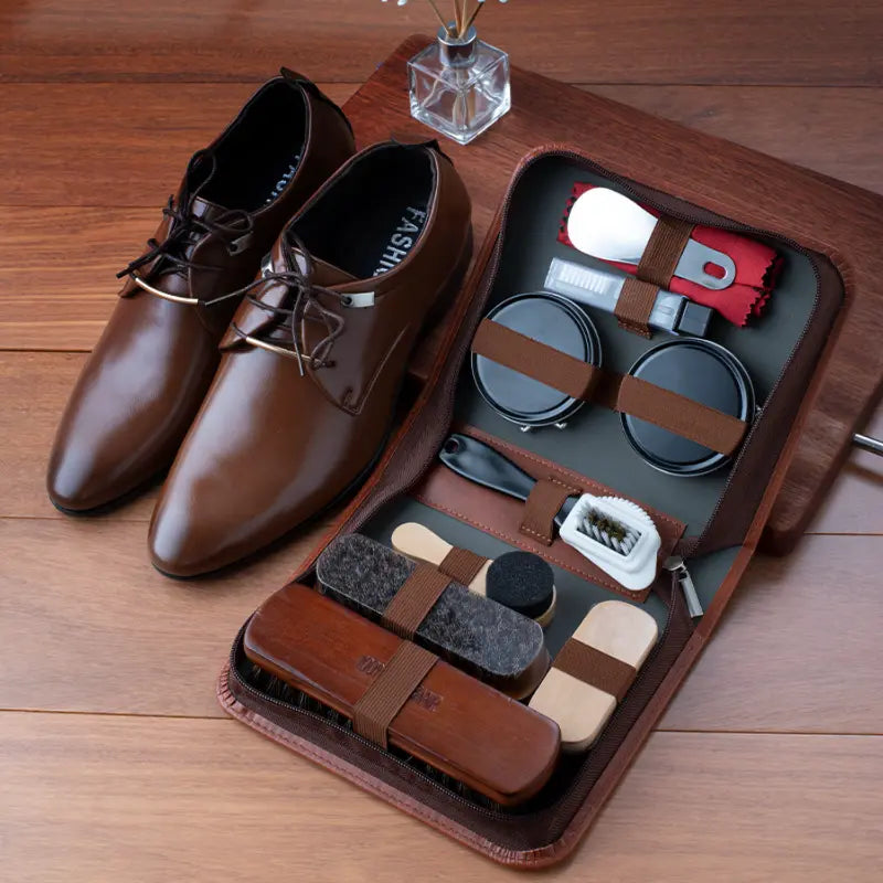 LuxeShine 9-Piece Shoe Care Kit | Premium Horsehair Brushes and Polish Kit for Leather Care