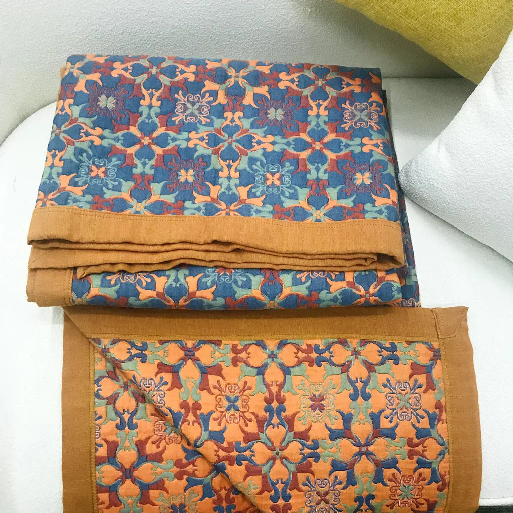 Orange & Blue Pattern Six-Layer Cotton Quilt - TerraLoom