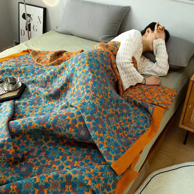 Orange & Blue Pattern Six-Layer Cotton Quilt - TerraLoom