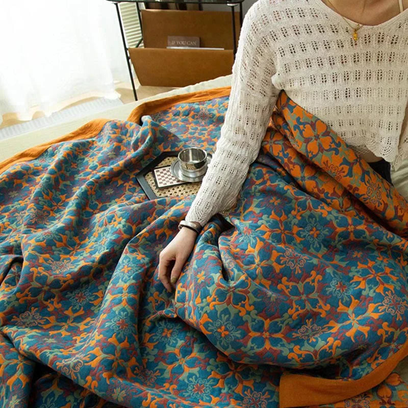 Orange & Blue Pattern Six-Layer Cotton Quilt - TerraLoom