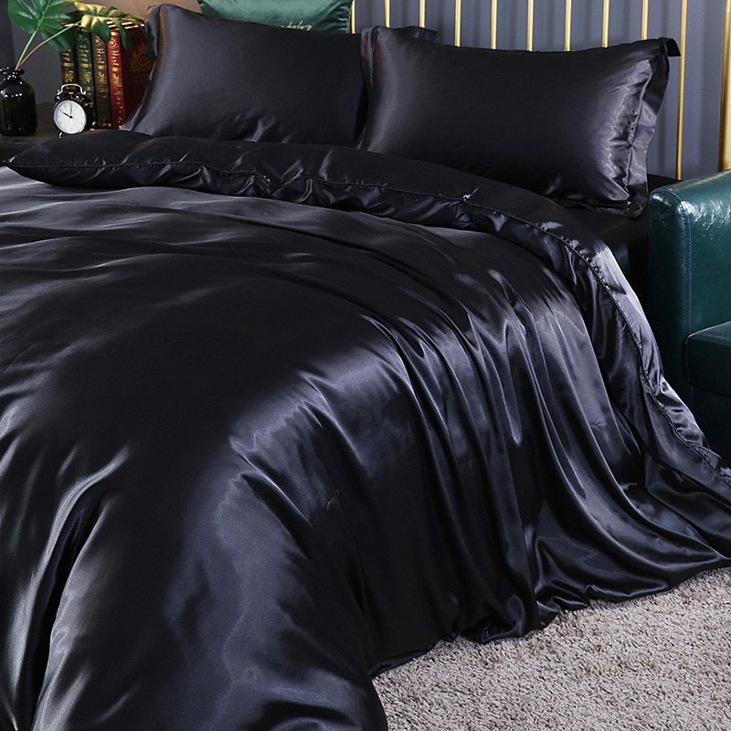 Set (4 pieces) Silk/Satin Bedding Duvet Cover - 2x Pillowcases - Sheet