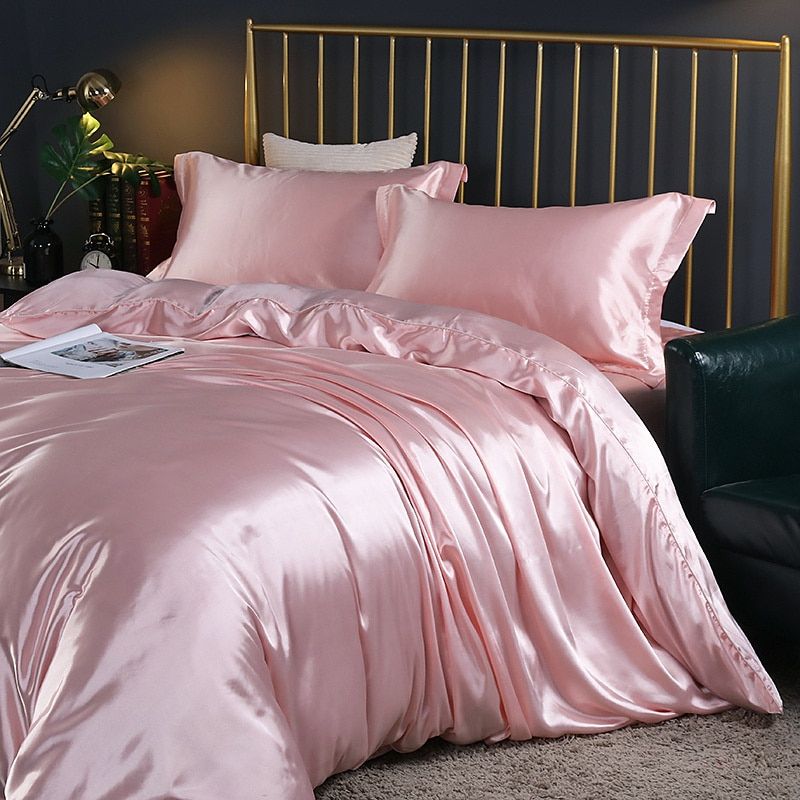 Set (4 pieces) Silk/Satin Bedding Duvet Cover - 2x Pillowcases - Sheet